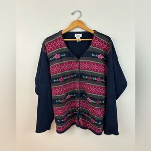 VINTAGE Kari cardigan burgundy, pink and navy with embroidered flowers